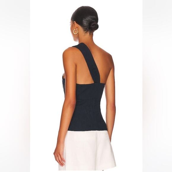 Veronica Beard Navy One Shoulder Linen Blend Blouse Size 12 Belinda Top NWT - Picture 3 of 14